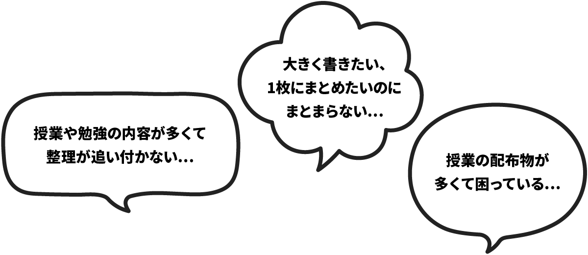 1. 授業や勉強の内容が多くて整理が追い付かない… 2. 大きく書きたい、1枚にまとめたいのにまとまらない… 3. 授業の配布物が多くて困っている…