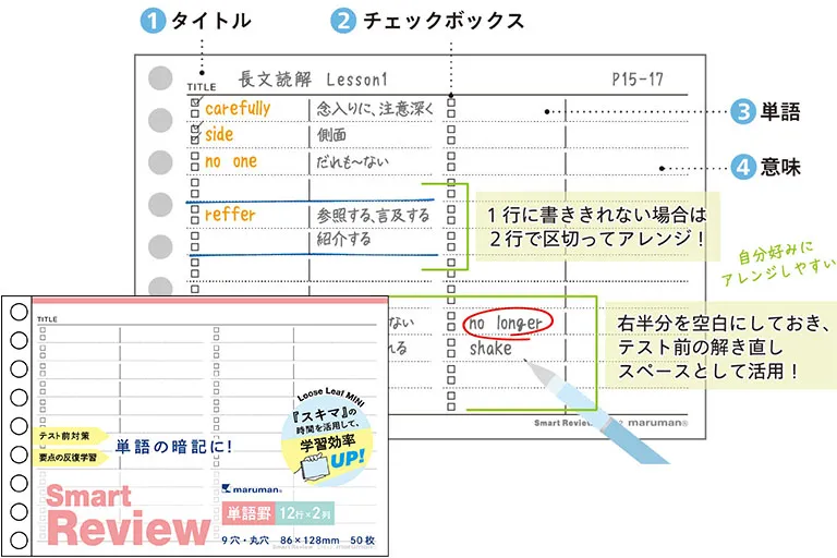 『書きやすいルーズリーフミニ　スマートレビュー　単語罫