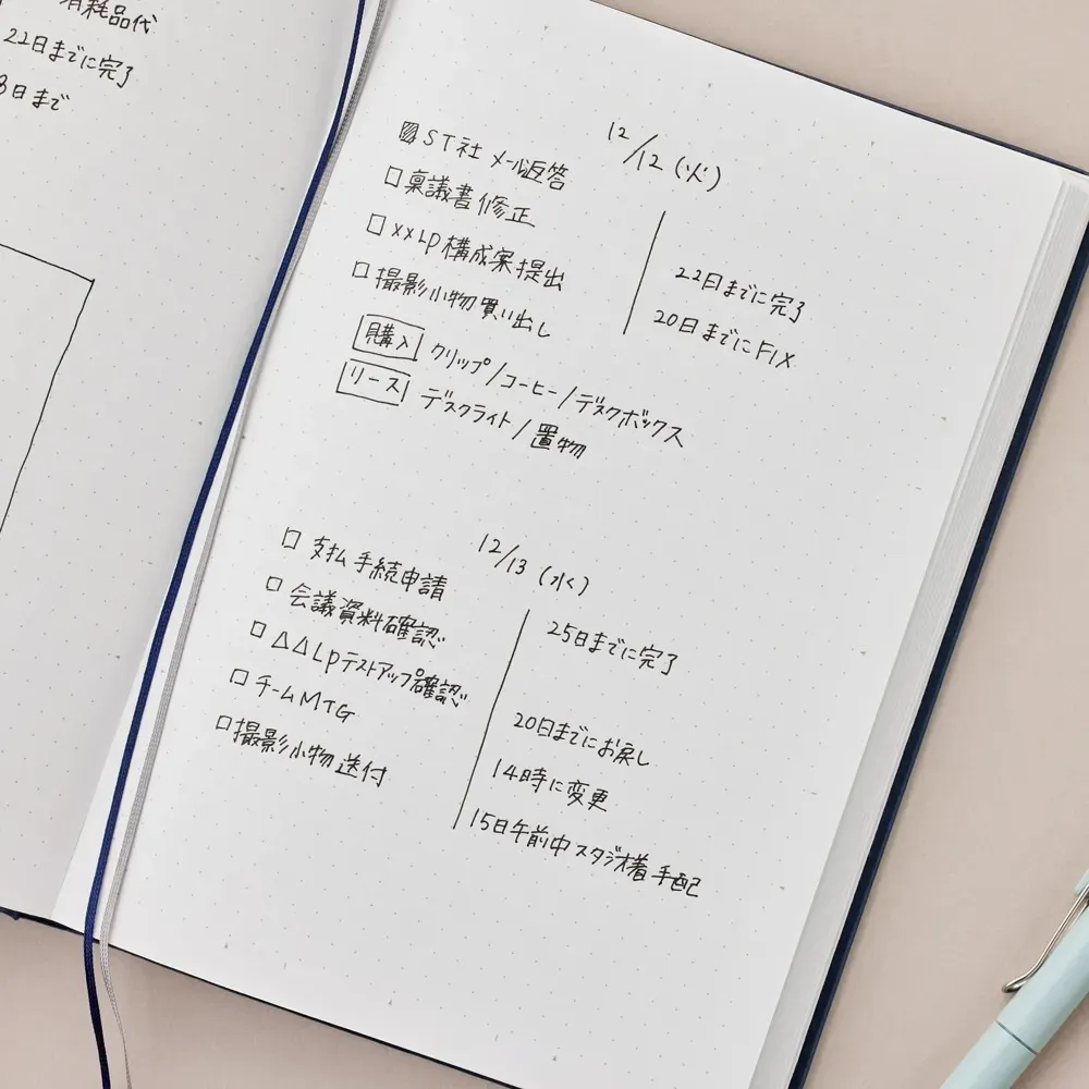 柔軟な思考を広げやすい、ドット方眼罫。程よくガイドになるので、文字も図も見やすくサポート。